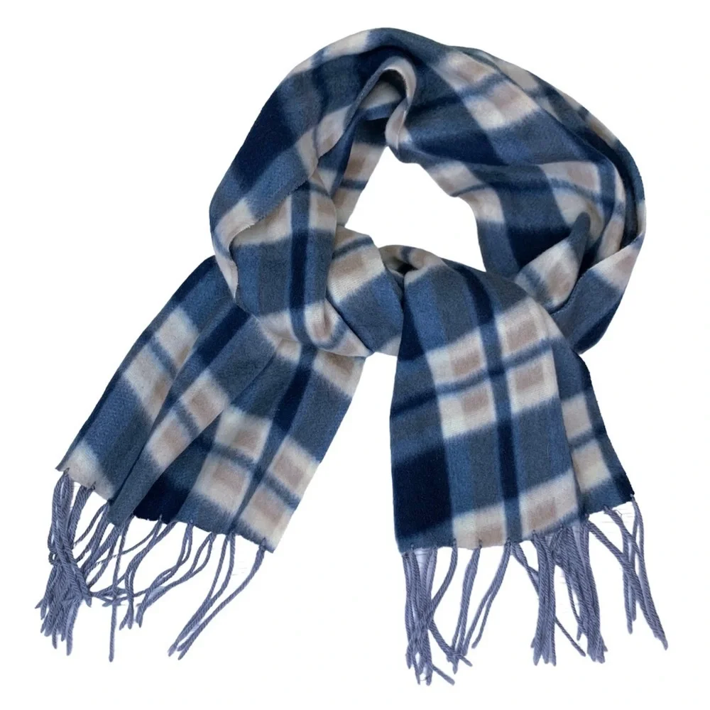 Royal Rossi 100% Mongolian Cashmere Plaid Scarf Fringe White Navy Blue Like New